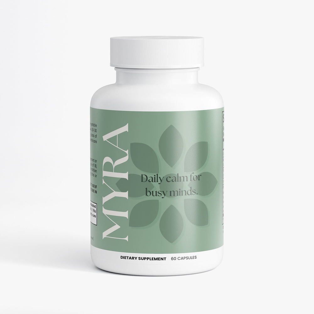 A white bottle labeled CarmHealth MYRA Mental Calming Formula with 60 capsules on a plain background.