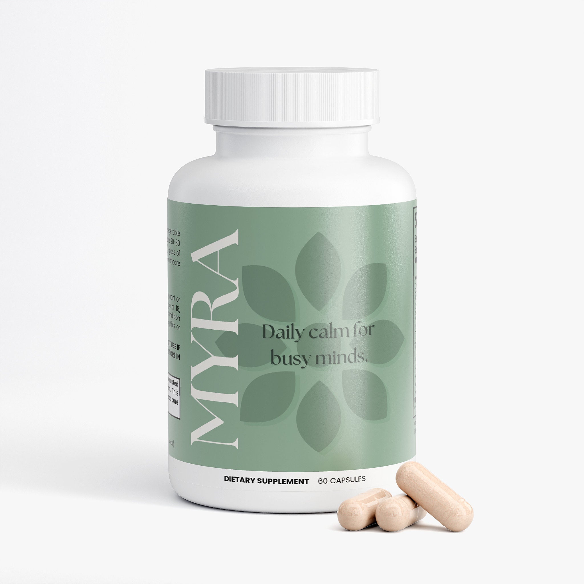 White bottle of CarmHealth MYRA Mental Calming Formula (60 capsules) with adaptogenic mushrooms beside three beige capsules.