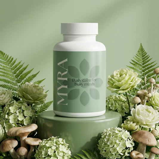 A white and green CarmHealth MYRA Mental Calming Formula bottle sits among ferns, flowers, and adaptogenic mushrooms.